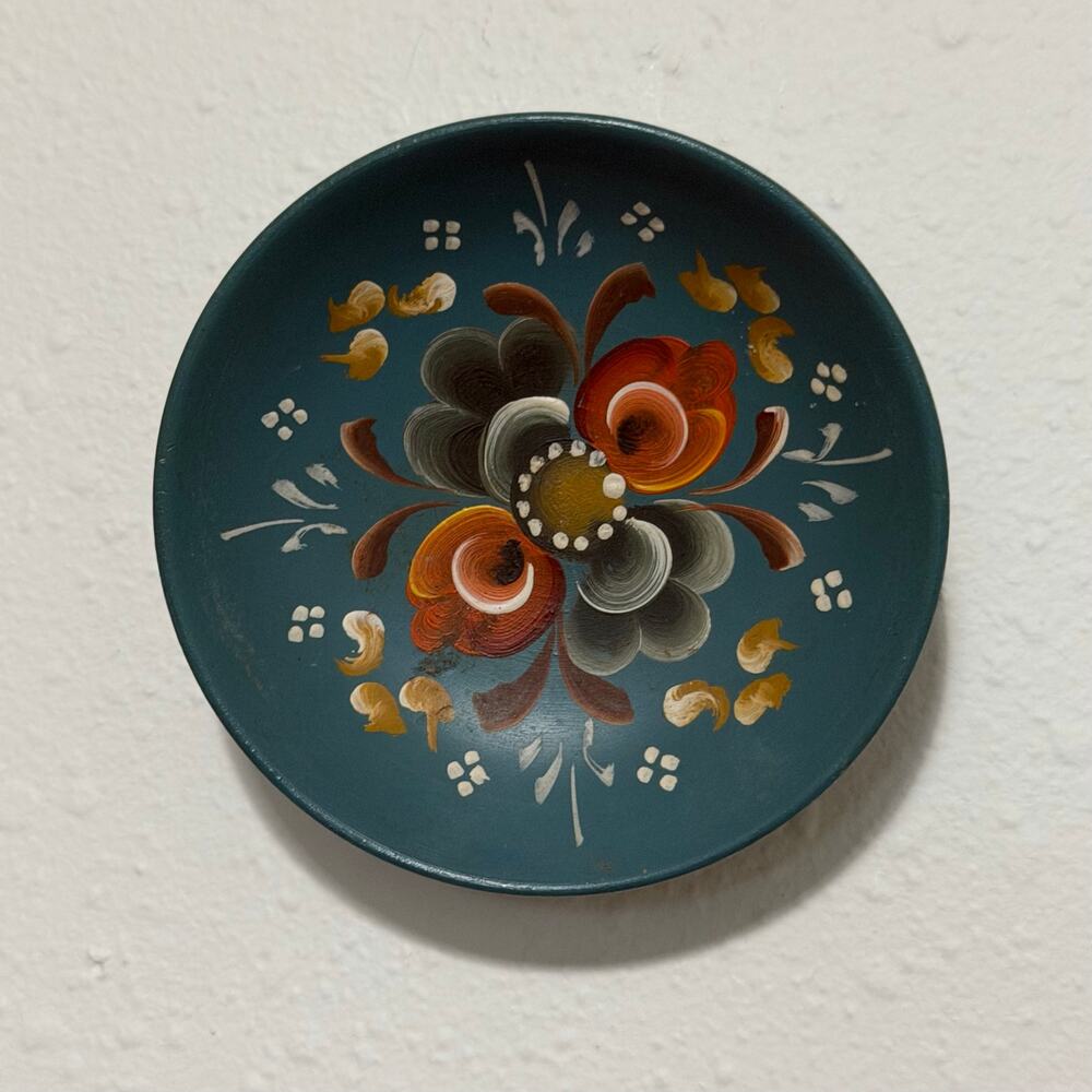 Vintage Norwegian Rosemaling Hand Painted Wood Plate Teal Floral Wall Art 4.5"